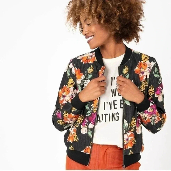 Agnes & Dora Black Denim Floral Jacket Front Zipper Side Pockets Size Small - Picture 2 of 5